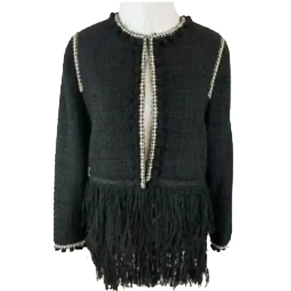 Zara Tweed Fringe Pom Pom Tassels Lined Boucle Jacket Blazer Black Size XS